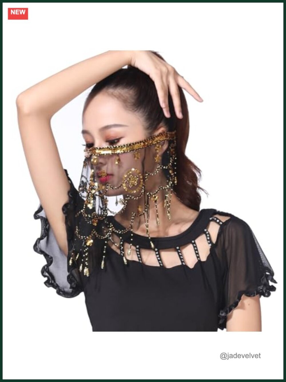 Chiffon Belly Dance Face Veil with Sequin Bead Detail for Halloween Costume